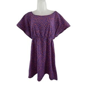 Y2K‎ Cobalt Blue Orange Abstract Mini Dress Cutout Tie Back Boho Flowy M Dolman